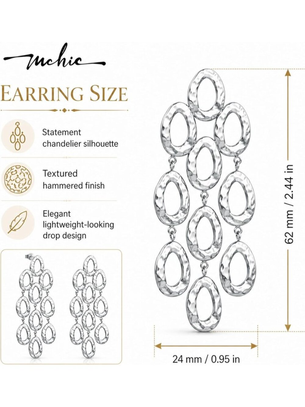 Women's Silver 18k Gold Plated Statement Hammered Chandelier Long Oval Earrings - Picture 5 of 7